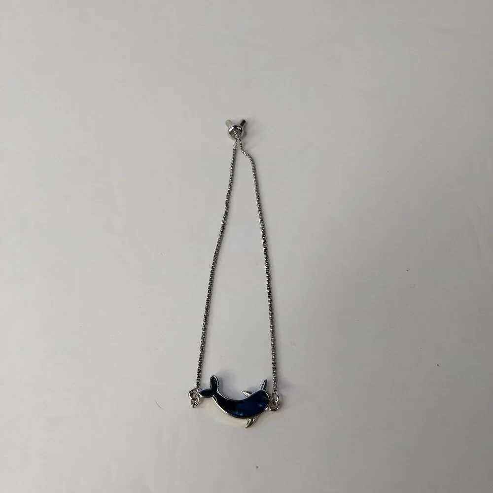 Silver Tone Dolphin Bracelet Adjustable Blue Stone Inlay Beach Summer Vacation